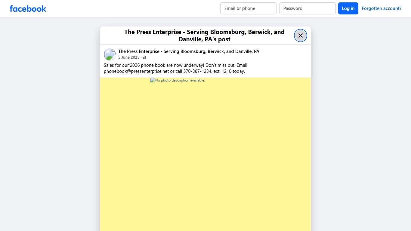 Sales for our 2026 phone book are now underway! Don't miss out. Email phonebook@pressenterprise.net or call 570-387-1234,... - The Press Enterprise - Serving Bloomsburg, Berwick, and Danville, PA | Facebook